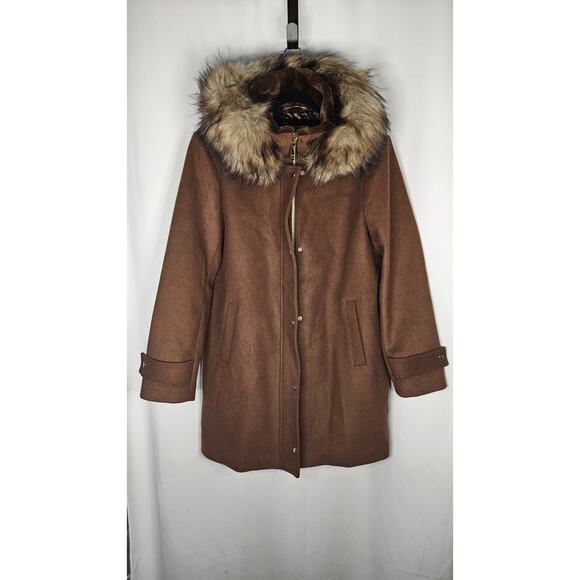 Nine West Hooded Faux Fur Trim Wool Blend Peacoat Size XL Brown Long Jacket - Picture 1 of 9